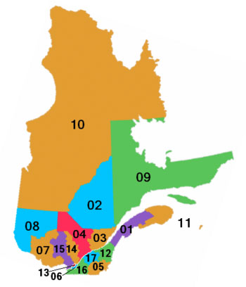 Carte des régions administratives du Québec.